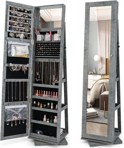COSTWAY 360 Rotating Jewelry Armoire Cabinet, Standing Jewelry Organizer w/Full-Length Mirror & Large Storage Space, Lockable Mirror Jewelry Cabinet for Girls Women (Marble Grey)