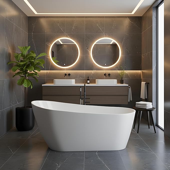 Freestanding Bathtub 59 Inch – Acrylic Free Standing Tub with Chrome Drain & Overflow, Glossy White Soaking Bathtub for Modern Bathroom Remodel