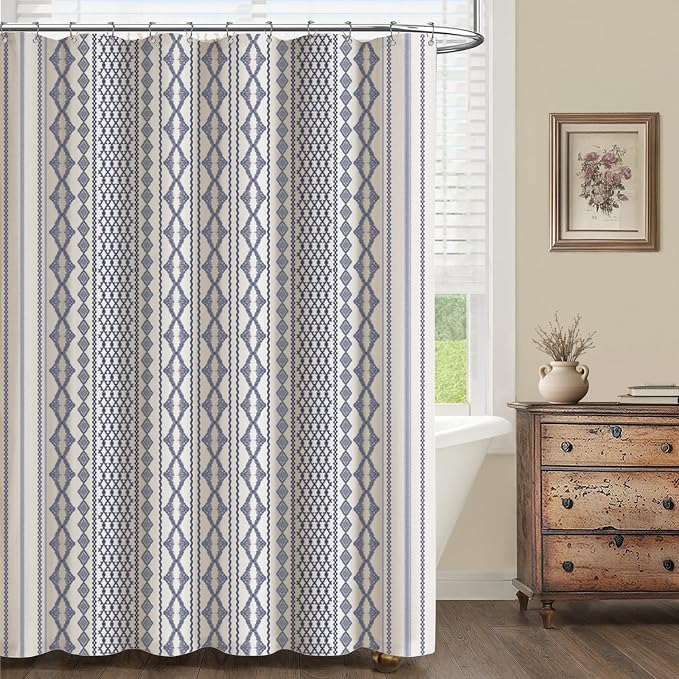 Navy Blue Shower Curtain,Boho Linen Fabric for Bathroom with Striped Print,72" W x 72" L