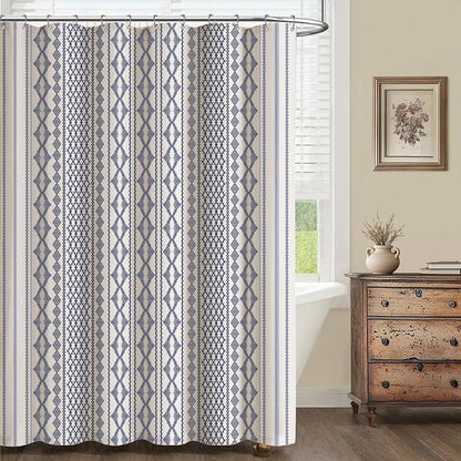 Navy Blue Shower Curtain,Boho Linen Fabric for Bathroom with Striped Print,72" W x 72" L