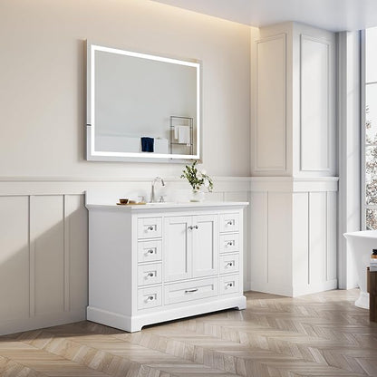WELLFOR 48" Bathroom Vanity with Sink, Bathroom Freestanding Vanity W/ 2 Soft-Close Doors and 9 Soft-Close Drawers, Bathroom Cabinet Vanity with Engineered Stone Countertop, White