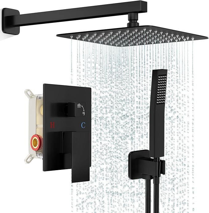 FPXRNG Shower Faucet Set Rainfall Shower System with Square Shower Head and Handle Set Rough-in Valve and Metal Trim Kit Included Matte Black 8 Inch Wall Mounted Shower Fixtures