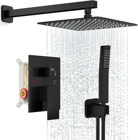 FPXRNG Shower Faucet Set Rainfall Shower System with Square Shower Head and Handle Set Rough-in Valve and Metal Trim Kit Included Matte Black 8 Inch Wall Mounted Shower Fixtures