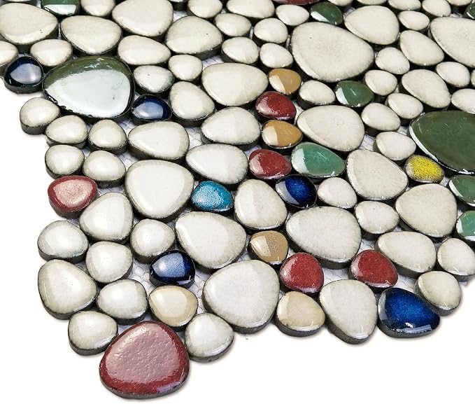 Ceramic Pebble Mosaic Sample Tile Cream Red & Green Bath Shower Floor | Crystal Glazed Porcelain, River Stone-Look for Bathroom Remodel, Fireplace Surround, Kitchen Backsplash and Accent Wall