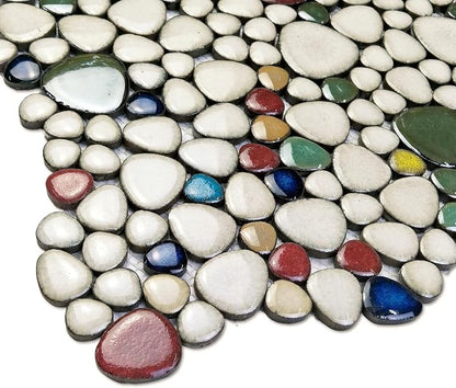 Ceramic Pebble Mosaic Sample Tile Cream Red & Green Bath Shower Floor | Crystal Glazed Porcelain, River Stone-Look for Bathroom Remodel, Fireplace Surround, Kitchen Backsplash and Accent Wall