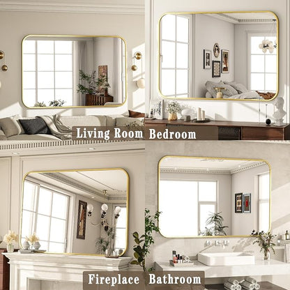 30x48 Inch Gold Bathroom Vanity Mirror for Over Sink | Rectangle Wall Mirror for Bathroom with Round Corner, Hangs Horizontally Vertically for Living Room, Bedroom as Home Decor