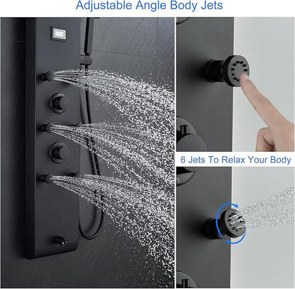 MENATT Stainless Steel Shower Panel Tower System with Height Adjustable Rainfall Shower Head, 4 in 1 Shower Panels with 6 Body Jets, Handheld Shower, Tub Spout, Brushed