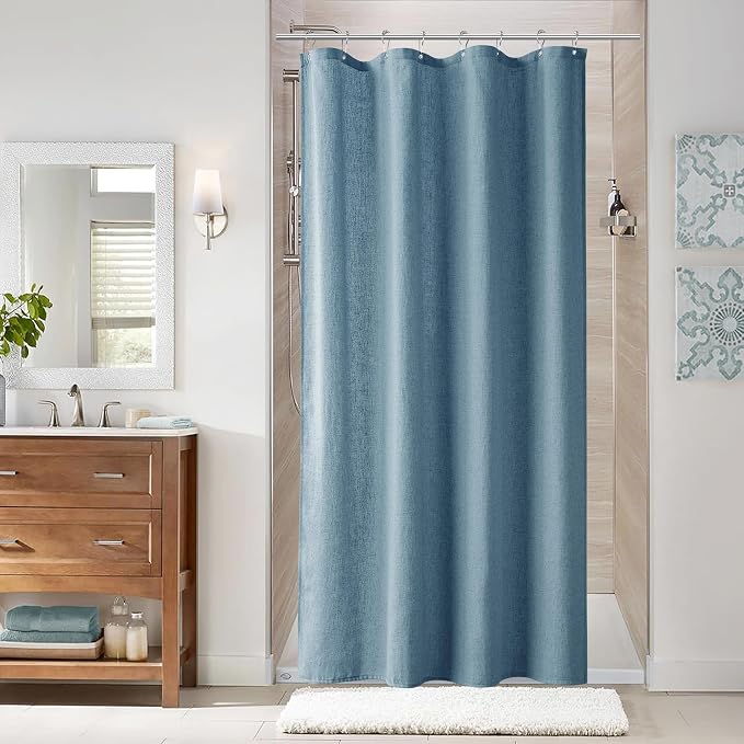 Blue Linen Shower Curtain, Cloth Textured Fabric Shower Curtain Set with Hooks, Simple Elegant Modern Farmhouse Country Ultra Thick Bath Curtains for Bathroom,Water Repellent,48x72