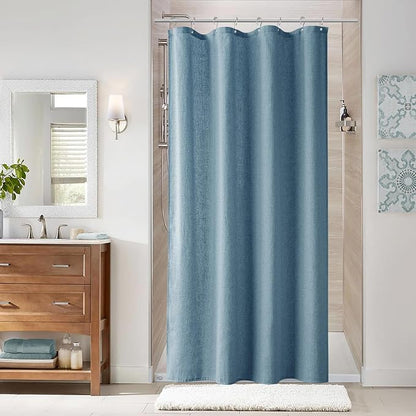 Blue Linen Shower Curtain, Cloth Textured Fabric Shower Curtain Set with Hooks, Simple Elegant Modern Farmhouse Country Ultra Thick Bath Curtains for Bathroom,Water Repellent,48x72