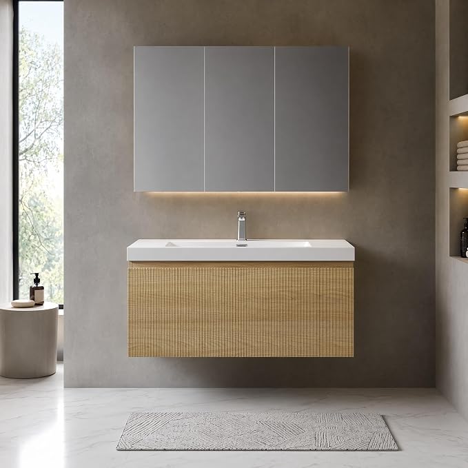 Floating Bathroom Vanity, 30" Wall Mounted Bathroom Cabinet with Glossy White Stone Resin Sink & U-Shaped Soft-Close Drawer, Pre-Assembled Striped Storage Vanity for Bathroom, Natural Wood