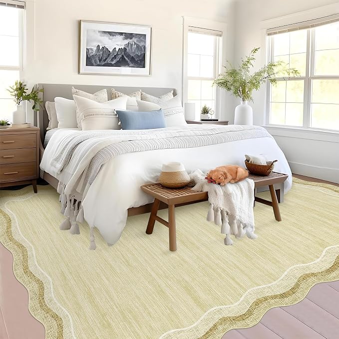 Garvee Scalloped 9x12 Area Rugs for Living Room Large Washable Rugs | Girls Rug for Bedroom Non-Slip Soft Carpet for Bedroom, Scalloped Low-Pile Print Accent Rug for Dining Room Home Office