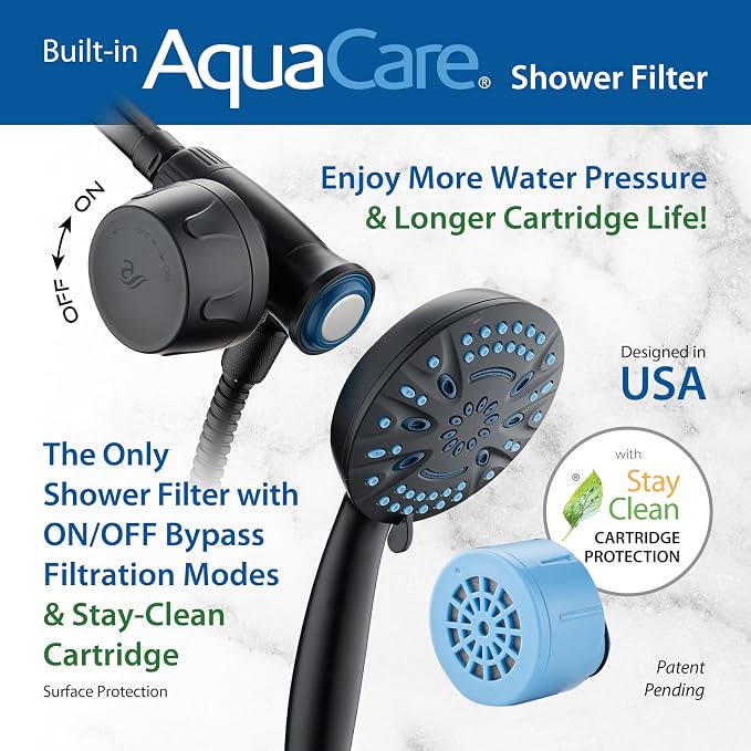 AquaCare Magneton 8-Mode High Pressure Handheld Shower Head w/Water Filter | Filters Chlorine & Toxins for Healthy Hair & Skin. Spaca-age Magnetic Docking, Hygienic Jets, Long 6 ft. Metal Hose / Black