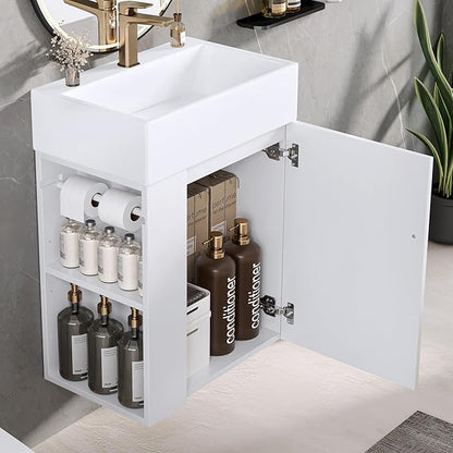 20" Floating Bathroom Vanity with Sink, Soft Closing Door,and Storage Shelves, Solid Wood Frame & MDF Modern Single Small Bathroom Vanity Cabinet with Open Shelf,Wall Mounted (White)