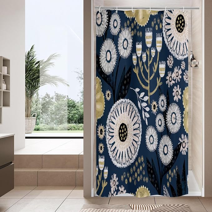 Boho Floral Shower Curtain, Dark Blue Botanical Fabric Curtain, 36 x 72 | Boho Chic Floral, Vintage Botanical, Modern Farmhouse, Eclectic Rustic, Colorful Flowers, Fabric Shower Curtain