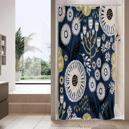 Boho Floral Shower Curtain, Dark Blue Botanical Fabric Curtain, 36 x 72 | Boho Chic Floral, Vintage Botanical, Modern Farmhouse, Eclectic Rustic, Colorful Flowers, Fabric Shower Curtain