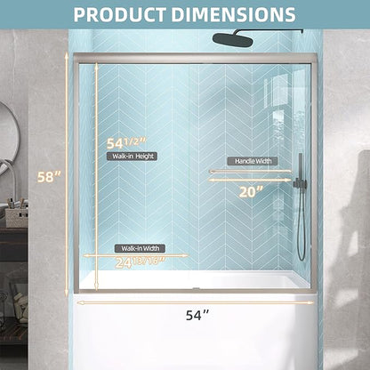 GETPRO Bathtub Sliding Door 50-54 in. W x 58 in. H Semi-Frameless Bypass Double Sliding Tub Shower Door for Bathroom,1/4 inch Clear Tempered Glass Bathtub Door Brushed Nickel