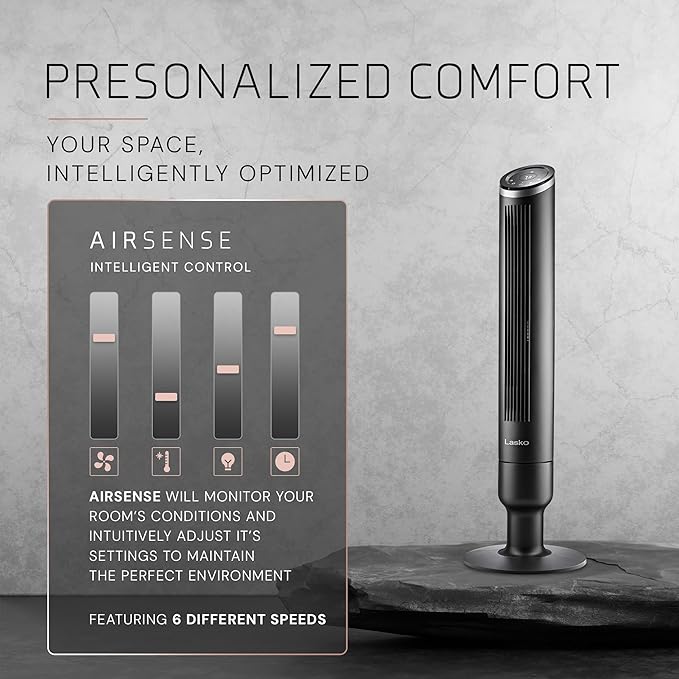 Lasko Apex Tower Fans Oscillating Quiet 42" - 29 ft/s Airflow, 28 dB, 90° Oscillation, 12H Timer, Air Filter for Hair & Dust, Remote, Black, Floor Fans for Home Bedroom, RST200