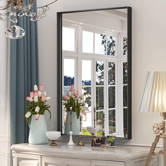 Keonjinn 24x36 Inch Black Bathroom Mirror for Over Sink, Modern Farmhouse | HD Tempered Glass, Vanity Mirror, Brushed Framed, Square Corner, Rectangular, Wall Mounted Mirrors, Aluminum Alloy