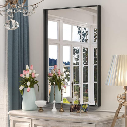 Keonjinn 24x36 Inch Black Bathroom Mirror for Over Sink, Modern Farmhouse | HD Tempered Glass, Vanity Mirror, Brushed Framed, Square Corner, Rectangular, Wall Mounted Mirrors, Aluminum Alloy