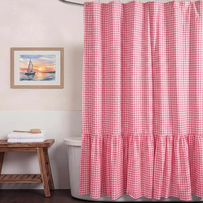 HunnmingRe Ruffle Hem Gingham Shower Curtain Pink | 72'' x 72'' Vintage Farmhouse Curtain, Cotton Cottage Core Rural Checkered Plaid Decor, Fall Shower Curtain for Bathroom