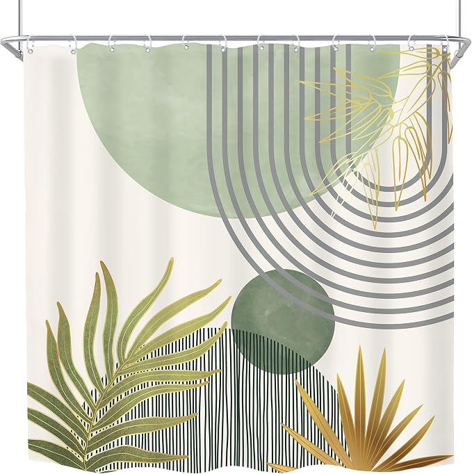 Mid Century Mint Green Boho Abstract Modern Bathroom Shower Curtain Set | 72Wx72L Plant design, waterproof HD print with fast-drying fabric and 12 hooks.