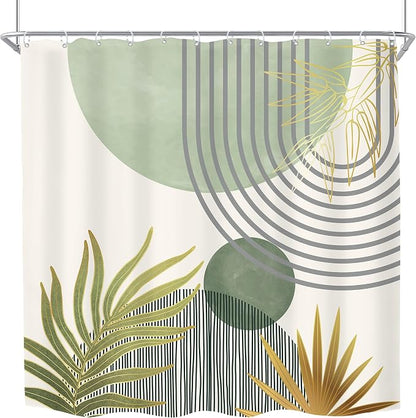 Mid Century Mint Green Boho Abstract Modern Bathroom Shower Curtain Set | 72Wx72L Plant design, waterproof HD print with fast-drying fabric and 12 hooks.