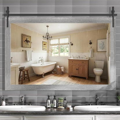 Hasipu Farmhouse Bathroom Mirror, 55"x36" Rustic Wood Framed Wall Mounted Mirror, Gray Vintage Vanity Mirror Barn Door Style Decrative Mirrors