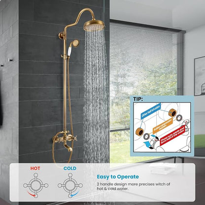 gotonovo Exposed Bathroom Shower System Two Cross Handle Antique Brass | Vintage Brass Tub Shower Faucet Set,8’’ Rain Head with Handheld Spray,Swivel Tub Spout,6’’ Hole Distance,Adjustable Height