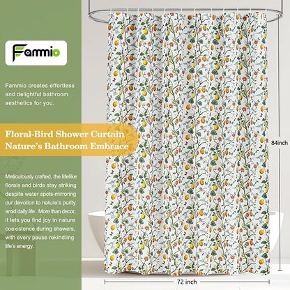 Floral Bird Shower Curtain 72x72, Hummingbird and Lemon Botanical Fabric Bath Curtains, Lightweight Quick-Dry Bathroom Decor Set with Hooks