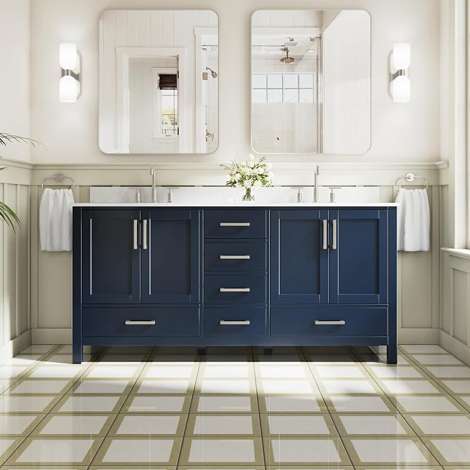 72-Inch Bathroom Vanity with Sink, 4 Soft-Close Doors and 6 Soft-Close Drawers, Bathroom Freestanding Vanity with Cultured Marble Countertop, Navy Blue Vanity with Brushed Nickel Handles