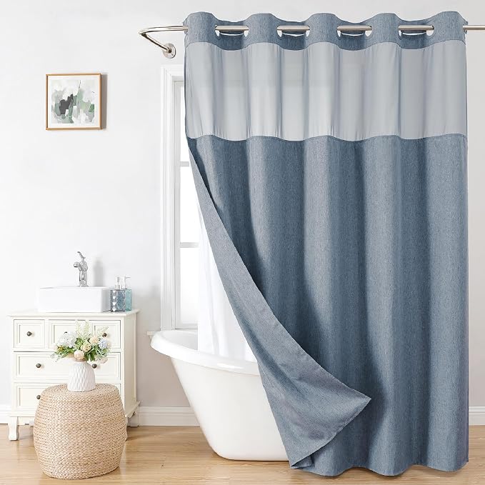 eachope No Hook Fabric Shower Curtain with Snap-in Liner,71x74 Blue Grey | Linen Texture,230GSM Thick Fabric,Hotel Luxury Decor,Mesh Window,Bottom magnetic ,Waterproof & Machine Washable,for Bathroom