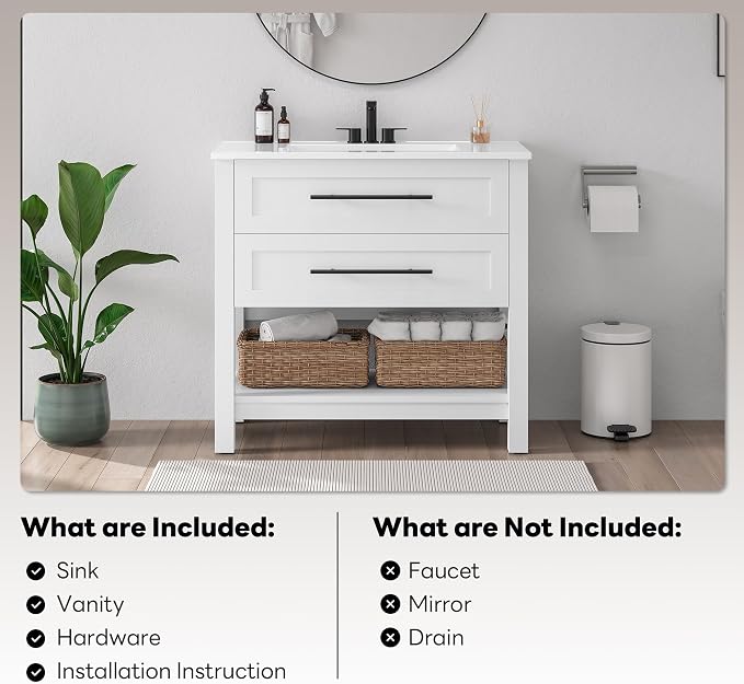 LIKIMIO 36" Bathroom Vanity with Sink, 2 Drawers & Open Shelf, White | Freestanding Bathroom Vanity, Integrated Ceramic Sink, U-Shaped Drawers, Modern Bathroom Storage Cabinet, Easy Assembly