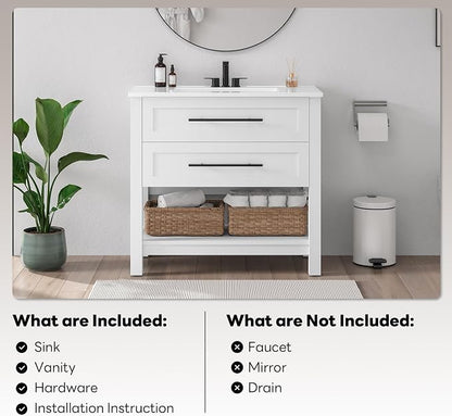 LIKIMIO 36" Bathroom Vanity with Sink, 2 Drawers & Open Shelf, White | Freestanding Bathroom Vanity, Integrated Ceramic Sink, U-Shaped Drawers, Modern Bathroom Storage Cabinet, Easy Assembly