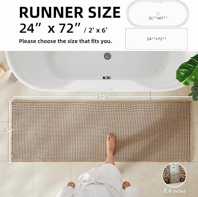 TYUU Waffle Runner Rug Bathroom, Long Boho Bath Mat, 72x24 Beige | Super Absorbent Quick Dry Bath Rug, Non-Slip Backing, Soft Waffle Washable Farmhouse Bathroom Mats, Tub, Shower & Home Decor