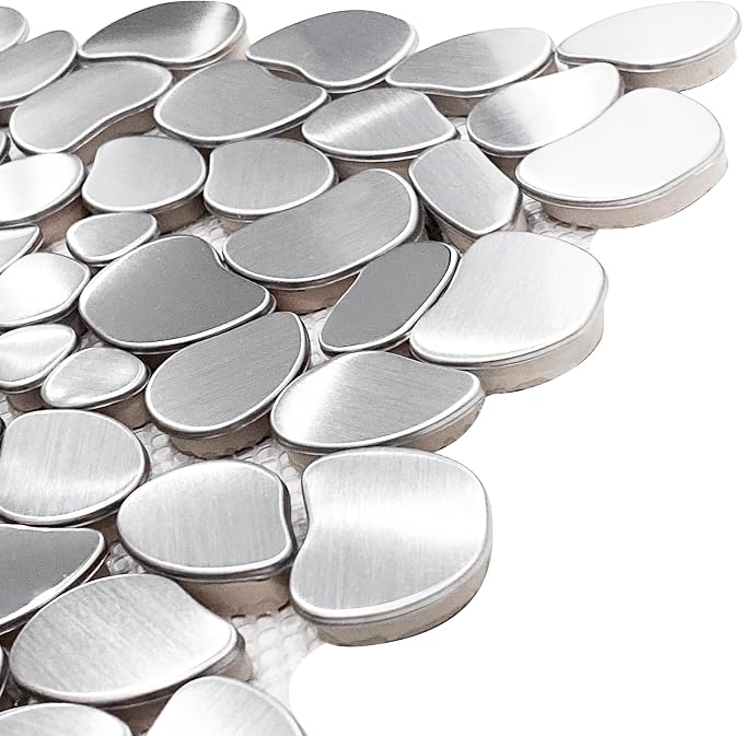 Metal Pebble Mosaic Tiles, 5 Sheets Stainless Steel Backsplash Tile Mesh Mounted, Silver Metal Tile for Kitchen Bath Backsplash Shower Floor