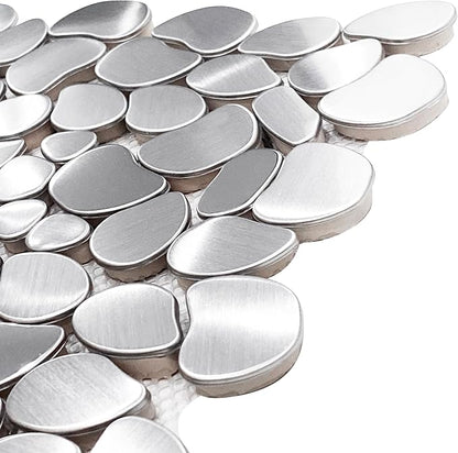Metal Pebble Mosaic Tiles, 5 Sheets Stainless Steel Backsplash Tile Mesh Mounted, Silver Metal Tile for Kitchen Bath Backsplash Shower Floor