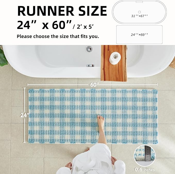 TYUU Waffle Runner Rug Bathroom, Long Cute Bath Mat, 60x24 Blue & White | Super Absorbent Quick Dry Bath Rug, Non-Slip Backing, Soft Waffle Washable Farmhouse Bathroom Mats, Tub, Shower & Home Decor