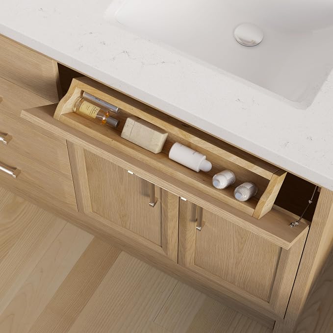 Capri III 72" Double Sink Bathroom Vanity With Stealth Organizer, Solid Wood Bathroom Cabinet with Engineered Stone Countertop & Backspalsh, Soft Closing Door & Drawer, Pre-Assembled, Weathered Oak