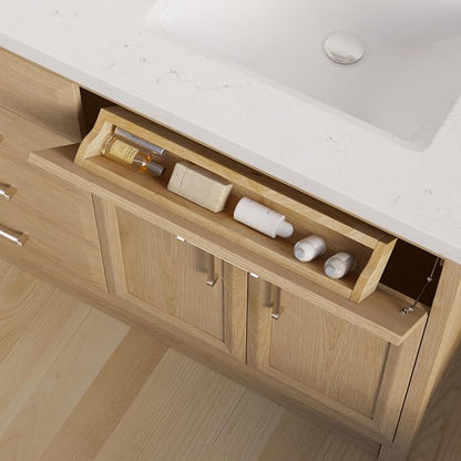 Capri III 72" Double Sink Bathroom Vanity With Stealth Organizer, Solid Wood Bathroom Cabinet with Engineered Stone Countertop & Backspalsh, Soft Closing Door & Drawer, Pre-Assembled, Weathered Oak