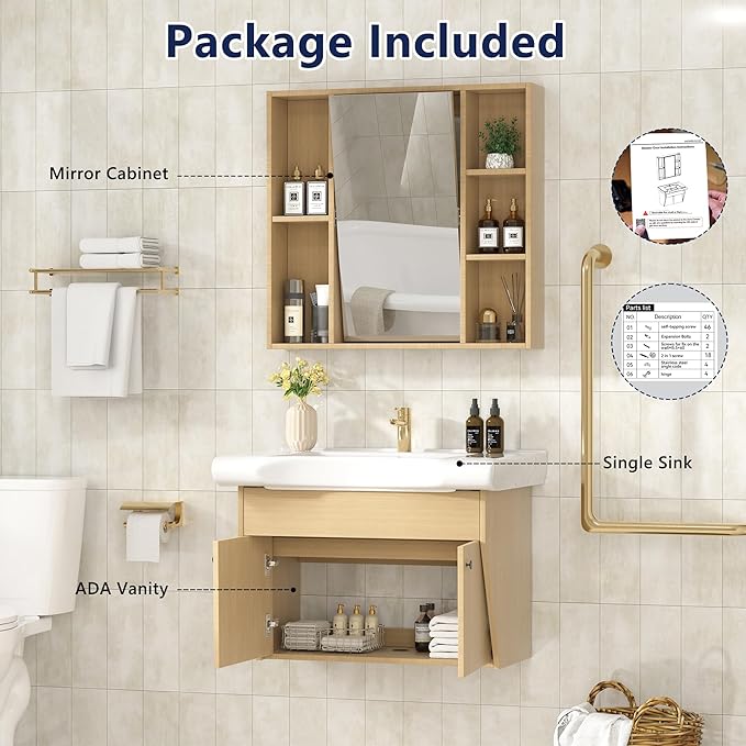 30" Floating Vanity ADA Compliant Modern Wall-Mount Small Bathroom Vanity with Ceramics Sink Modern Hand & Mirror Cabinet Combo with Two Doors for Elderly, Seniors, Handicap & Disabled