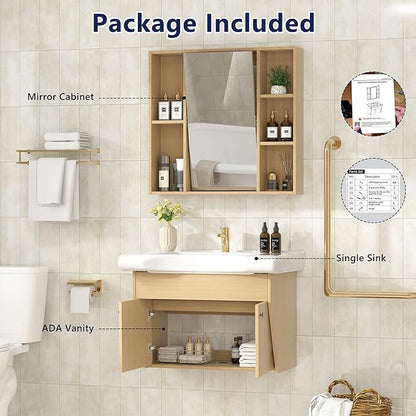 30" Floating Vanity ADA Compliant Modern Wall-Mount Small Bathroom Vanity with Ceramics Sink Modern Hand & Mirror Cabinet Combo with Two Doors for Elderly, Seniors, Handicap & Disabled