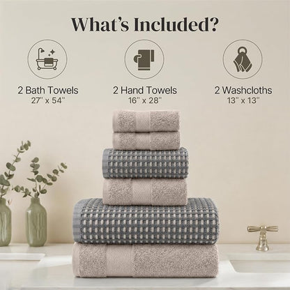 Modern Threads 6 Piece Cotton Bath Towel Set – Ultra Soft 600 GSM Towels – Bathroom Set with Hand Towels and Washcloths – Waffle (Charcoal)
