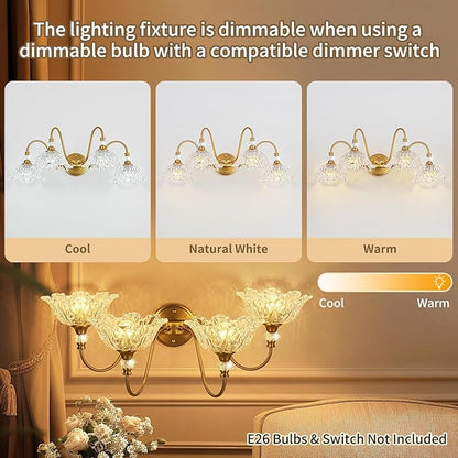 Vintage Matte Brass Finish Bathroom Vanity Light, 4-Light Vanity Light with Floral Glass Shades, Retro Wall Mount Lighting for Bathroom, Dressing Table