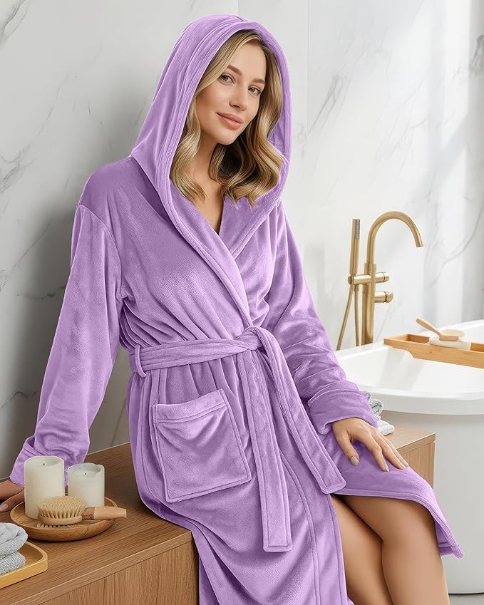 NY Threads Women's Fleece Hooded Bathrobe Plush Long Spa Robe, Medium