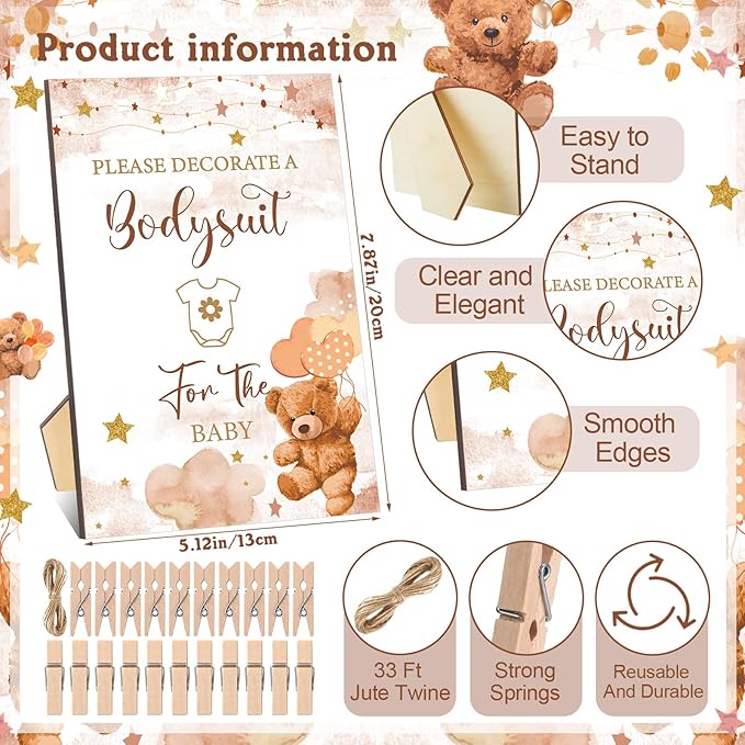 Panitay 126 Pcs Baby Shower DIY Bodysuit Set Bib 25 Blank White Newborn Bodysuit 25 Stencils 24 Marker 1 Sign 50 Pins(Bear)