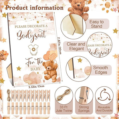 Panitay 126 Pcs Baby Shower DIY Bodysuit Set Bib 25 Blank White Newborn Bodysuit 25 Stencils 24 Marker 1 Sign 50 Pins(Bear)