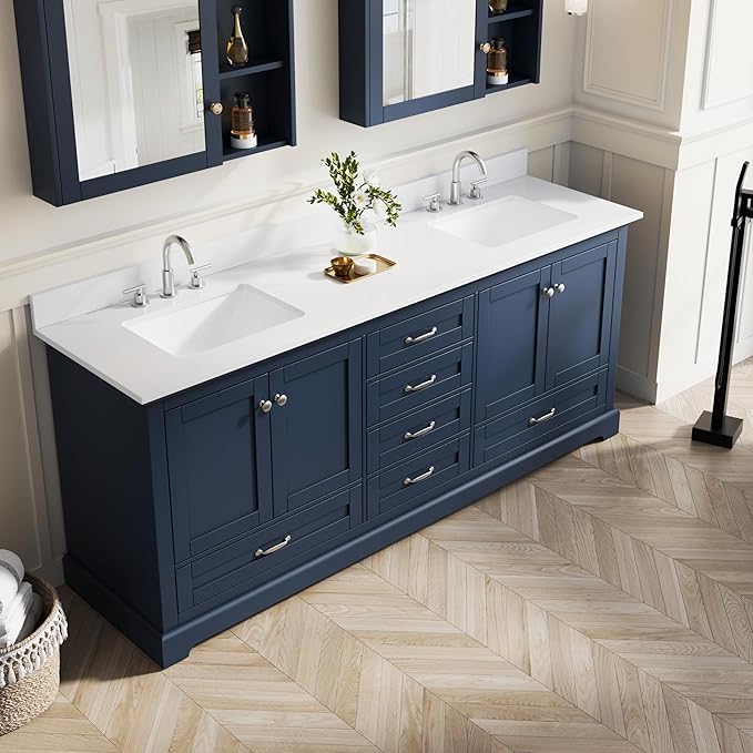 WELLFOR 80" Bathroom Vanity with Double Sinks, Bathroom Freestanding Vanity W/4 Soft-Close Doors and 6 Drawers, Large Storage Space Vanity, Cultured Marble Countertop (Navy Blue)