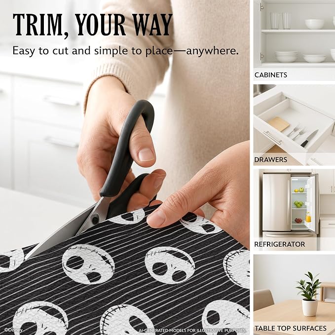 Disney Nightmare Before Christmas Non-Adhesive Shelf Liner, 18" x10' | Non-slip, water and stain resistant, repositions without damage, cuts to fit, wipes clean, ideal for kitchen, pantry, or bath