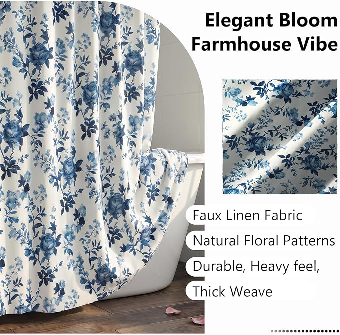 Farmhouse Blue Floral Shower Curtain, Fabric Faux Linen Shower Curtain Set with 12 Rings, Vintage Cottagecore Boho Shower Curtains for Bathroom 72" W x 72" L （Beige + Blue
