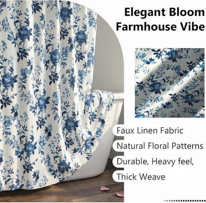 Farmhouse Blue Floral Shower Curtain, Fabric Faux Linen Shower Curtain Set with 12 Rings, Vintage Cottagecore Boho Shower Curtains for Bathroom 72" W x 72" L （Beige + Blue